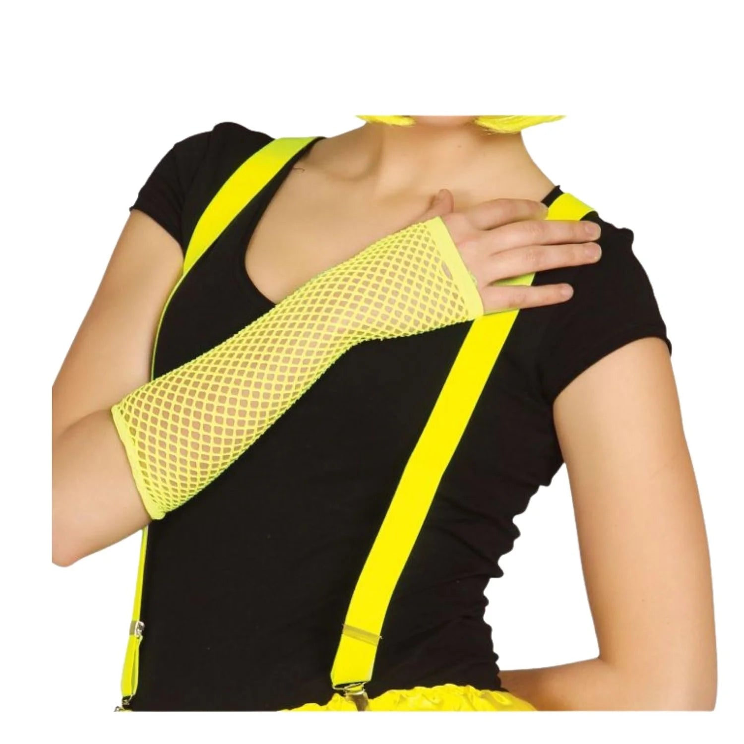 Guantes rejilla amarillo neón accesorio ochentero para completar look retro en fiestas temáticas