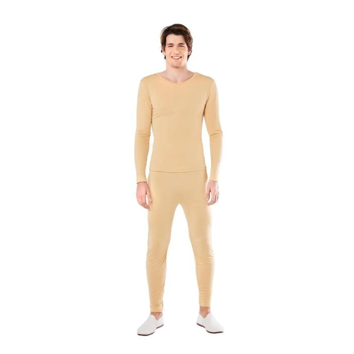 Maillot beige para hombre con camiseta de manga larga y pantalón de spandex
