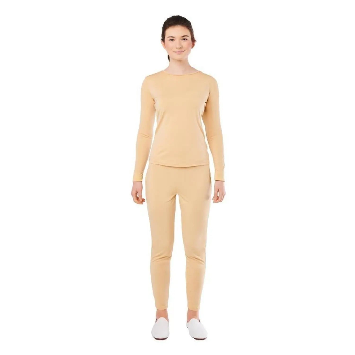 Maillot beige para mujer con camiseta de manga larga y pantalón de spandex