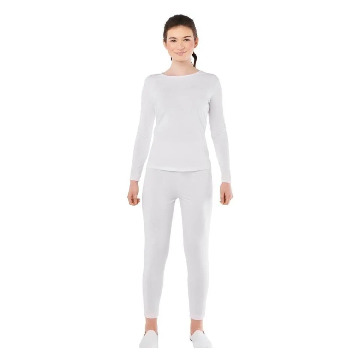 Maillot blanco para mujer con camiseta de manga larga y pantalón de spandex
