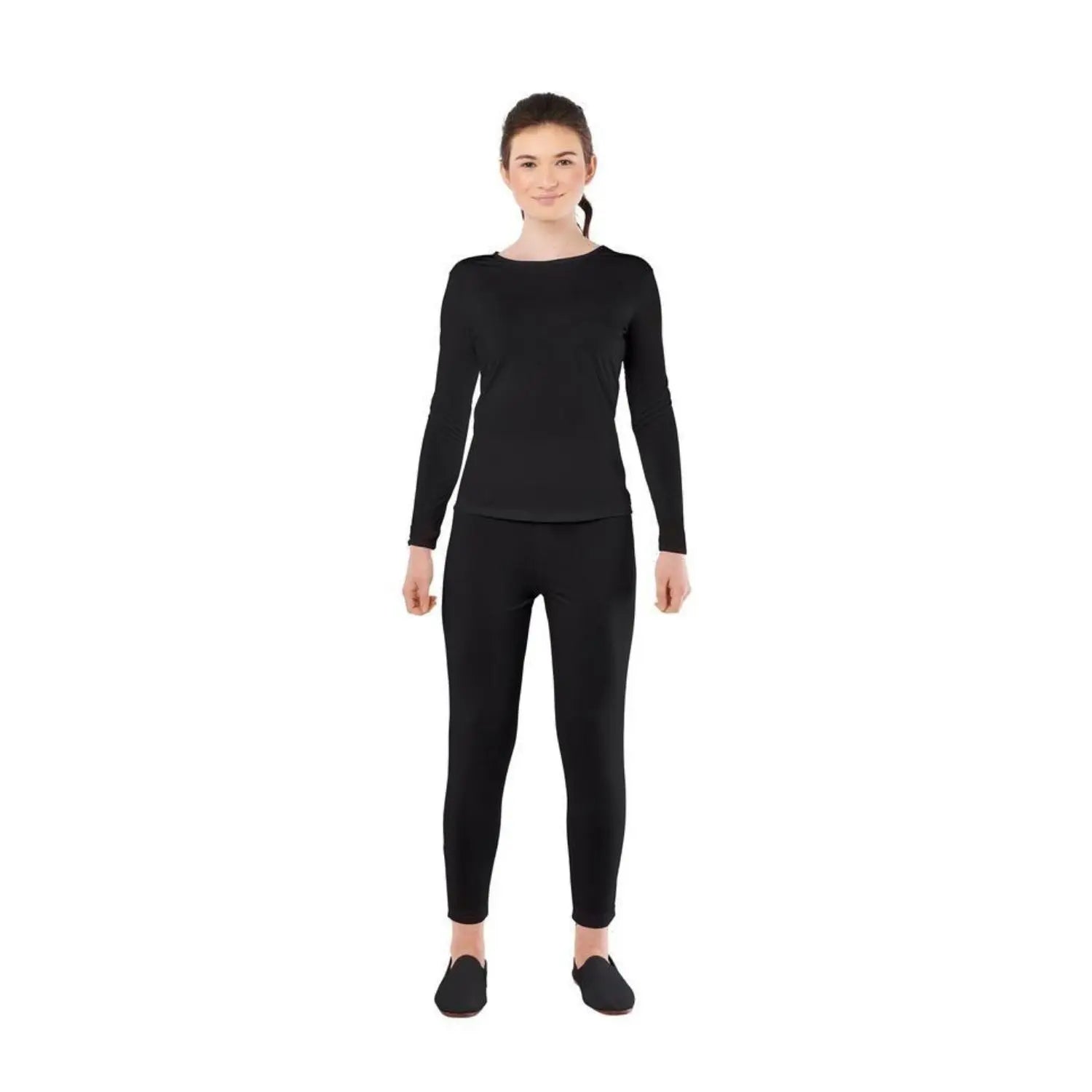 Maillot negro para mujer con camiseta de manga larga y pantalón de spandex