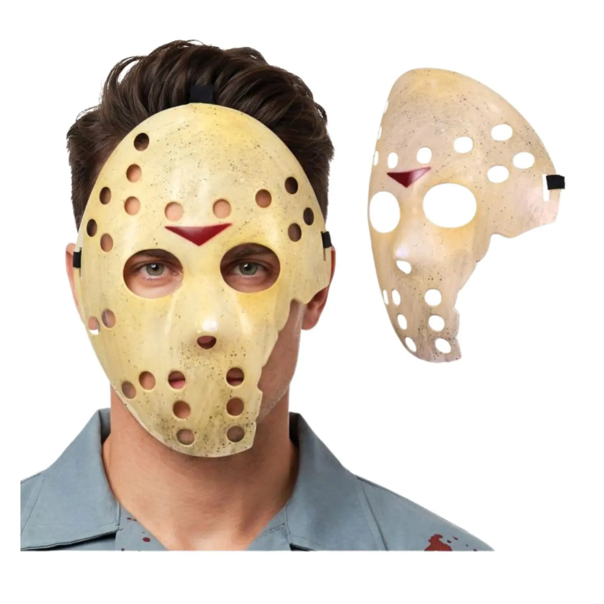 Máscara de hockey rota de PVC con acabado envejecido para Halloween