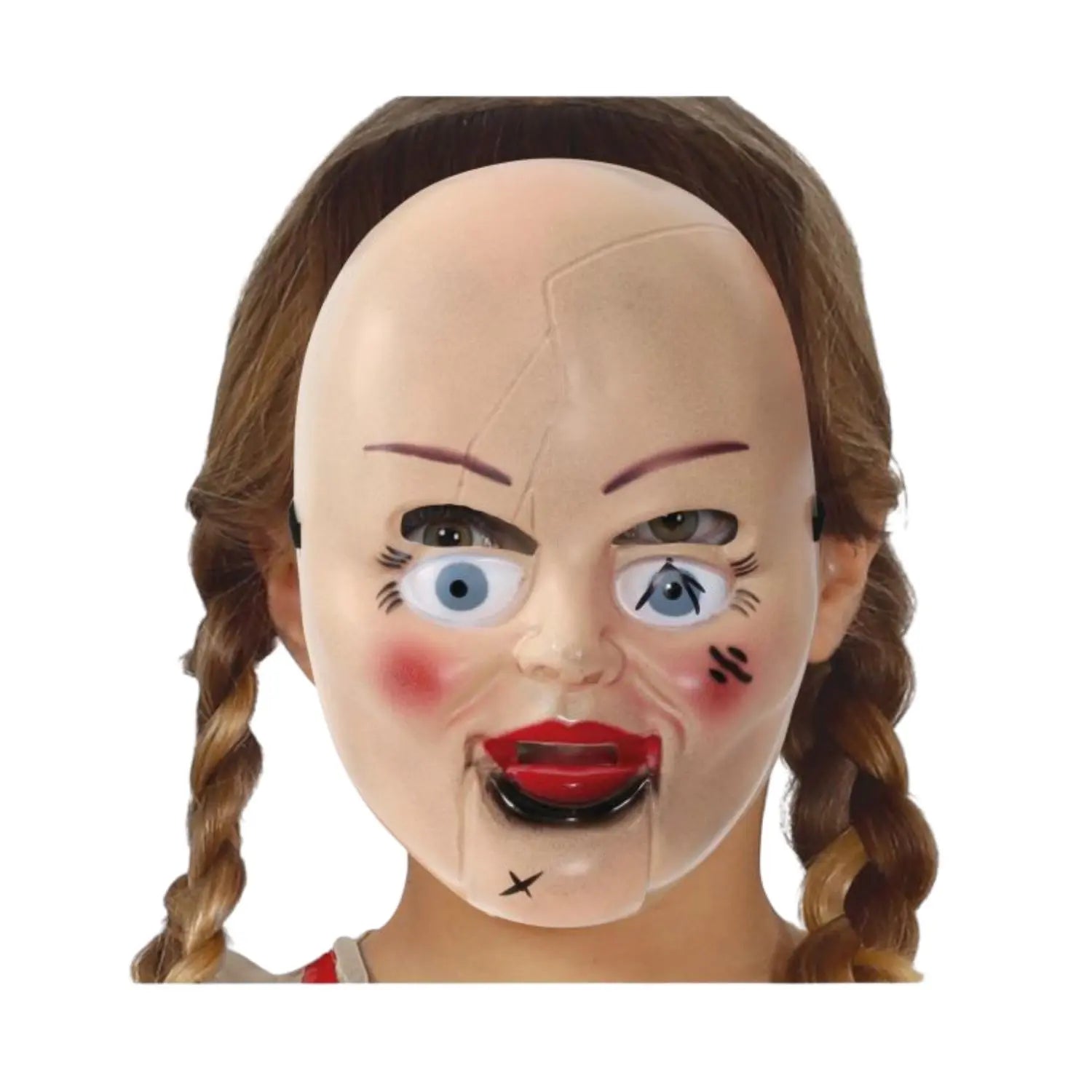 Máscara de muñeca terror infantil con ojos desalineados y efecto envejecido para Halloween