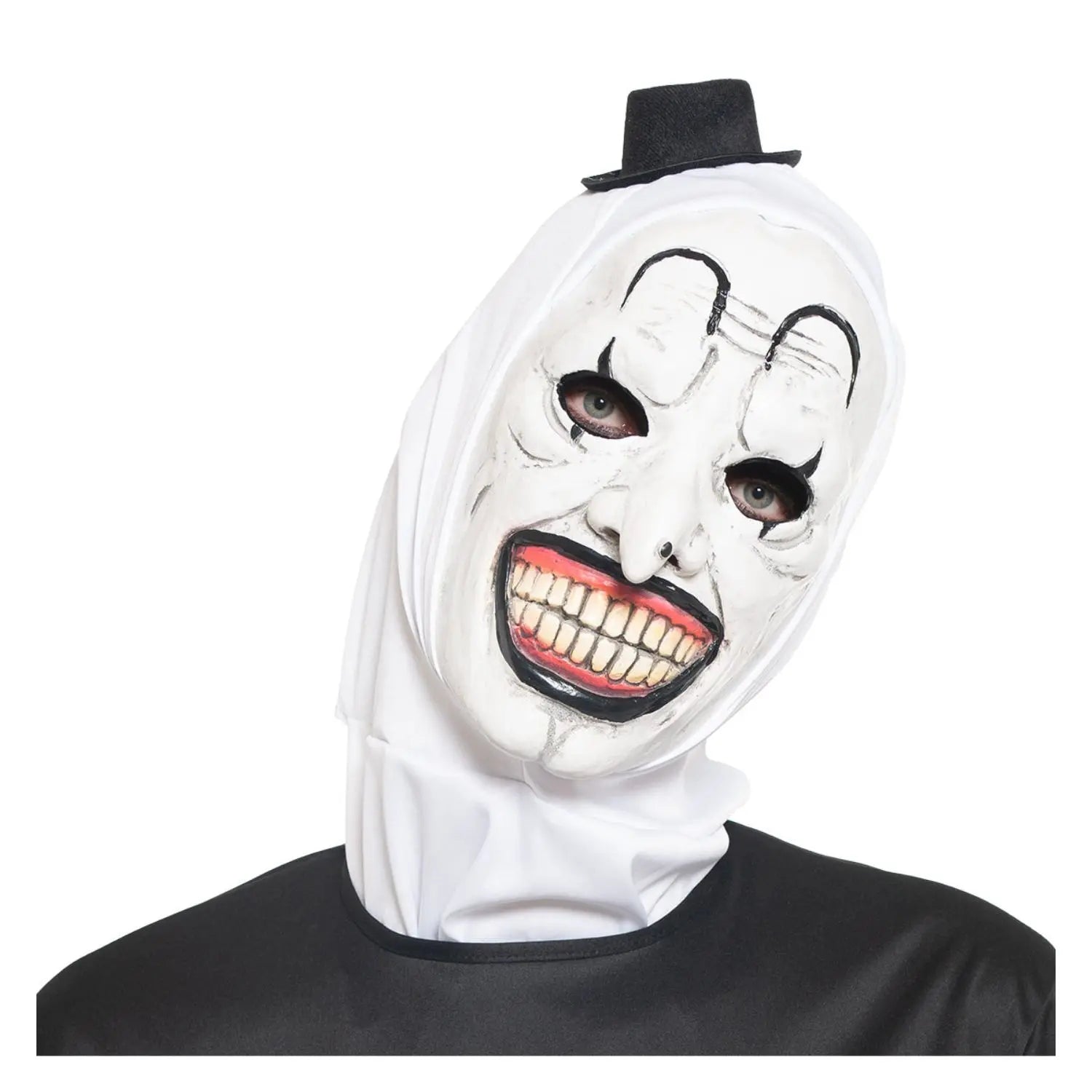 Máscara Payaso Despiadado con sonrisa terrorífica y capucha blanca para Halloween