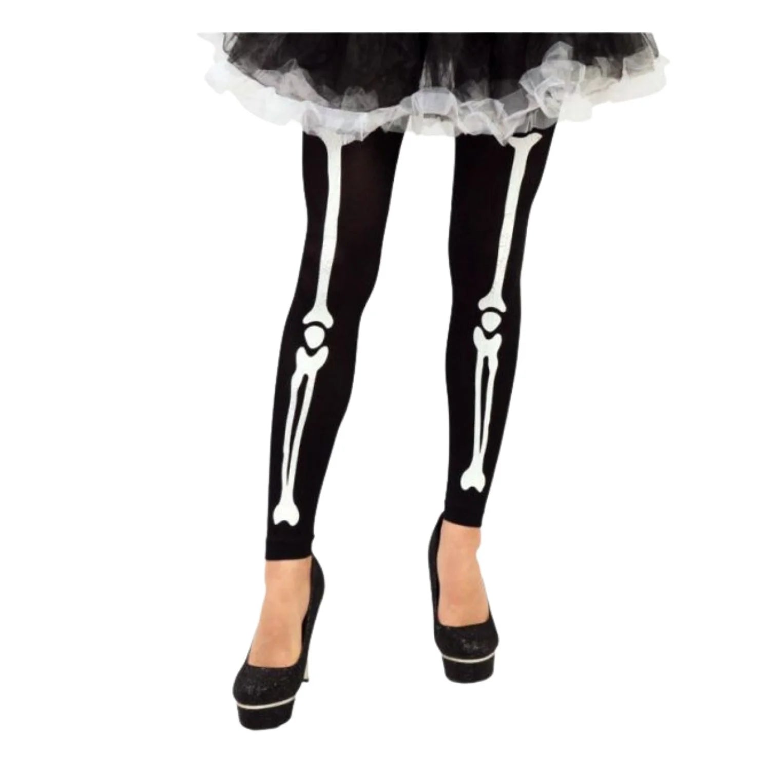 medias leggins negras con diseño de esqueleto para look halloween terrorífico