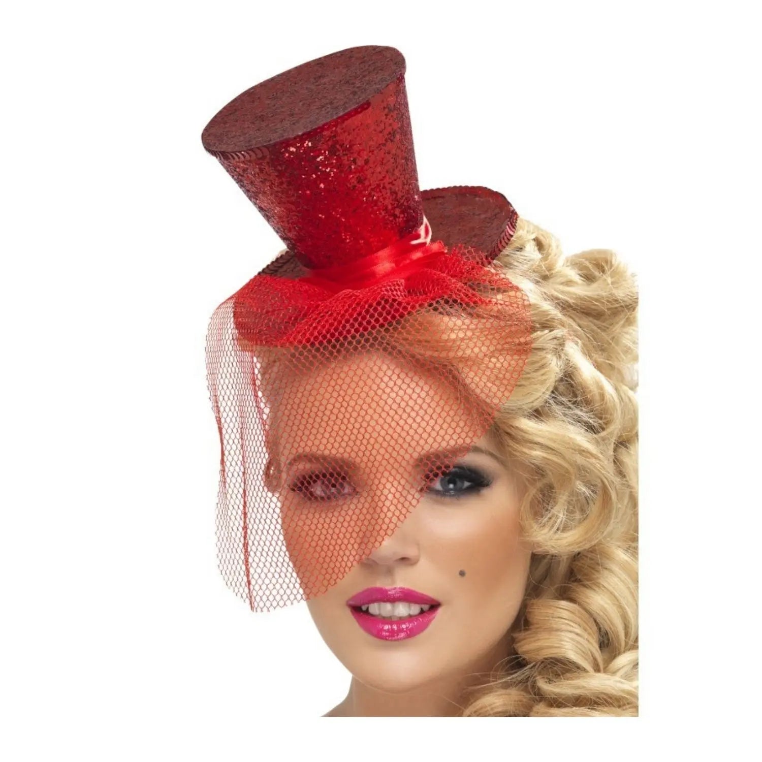 mini chistera roja con purpurina complemento para look de fiesta o cabaret brillante