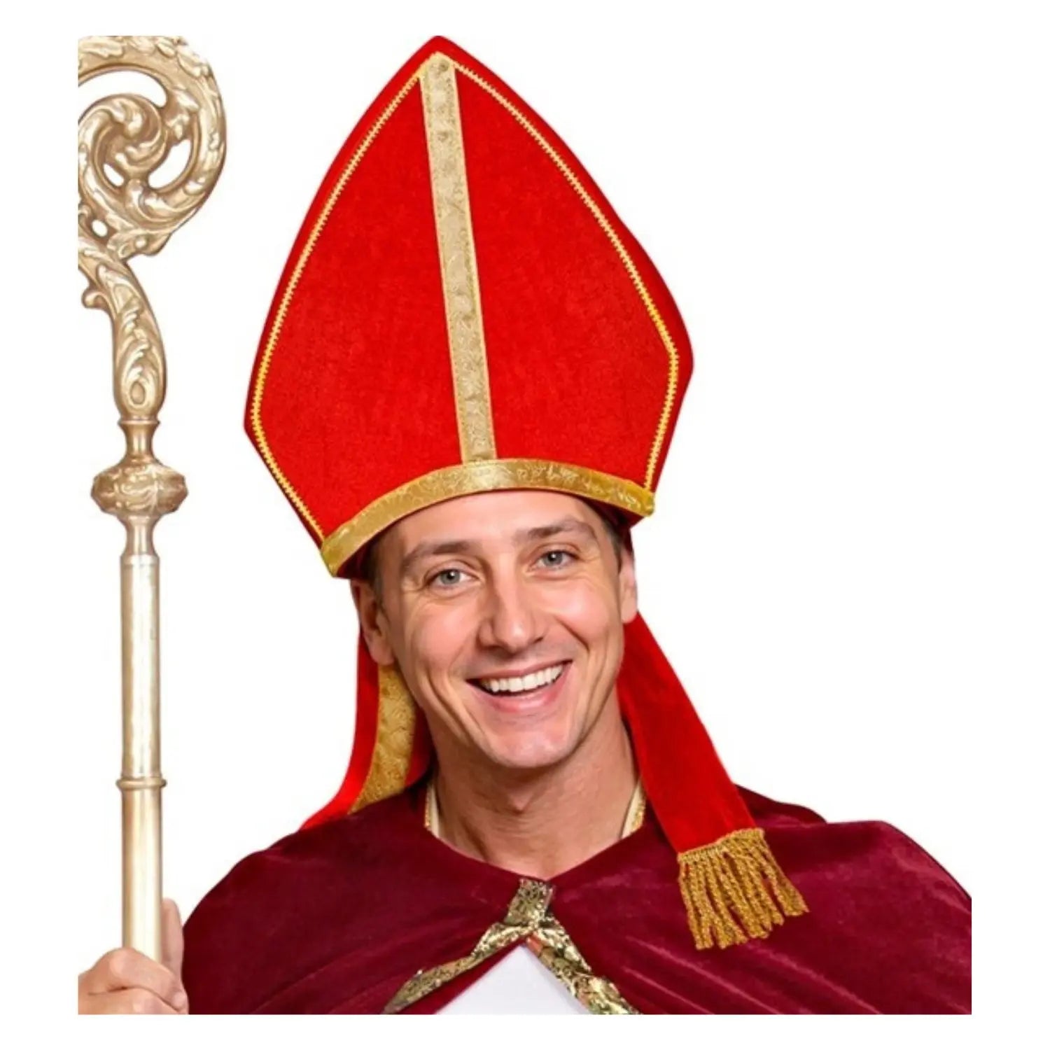 Mitra de terciopelo roja con detalles dorados para disfraz de obispo o papa