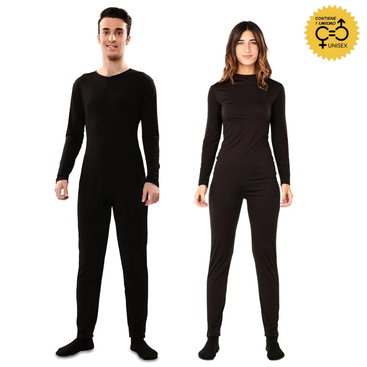 Hombre y mujer con mono negro elástico adulto para disfraces y actuaciones