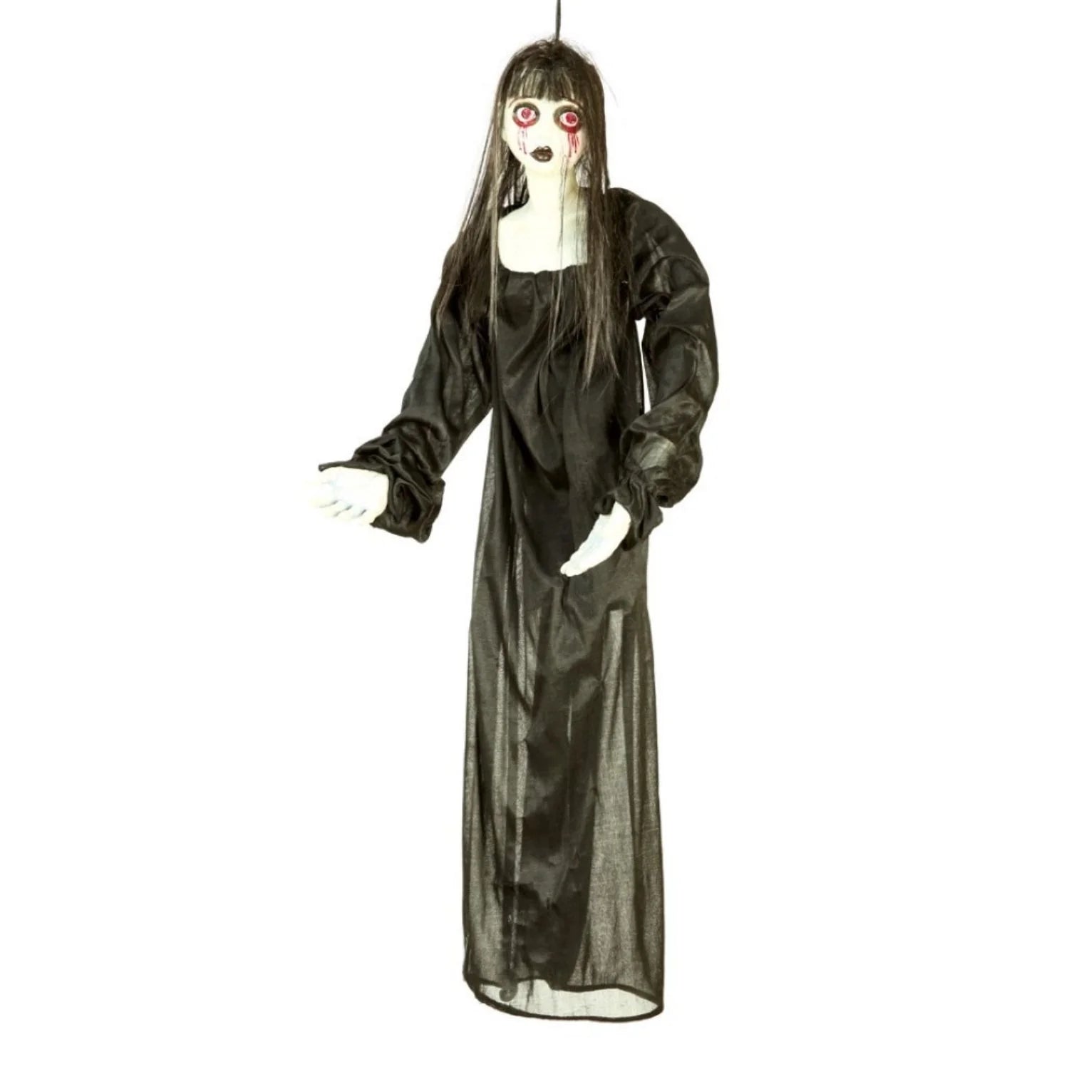 muñeca colgante terror Halloween con vestido negro decoración escalofriante