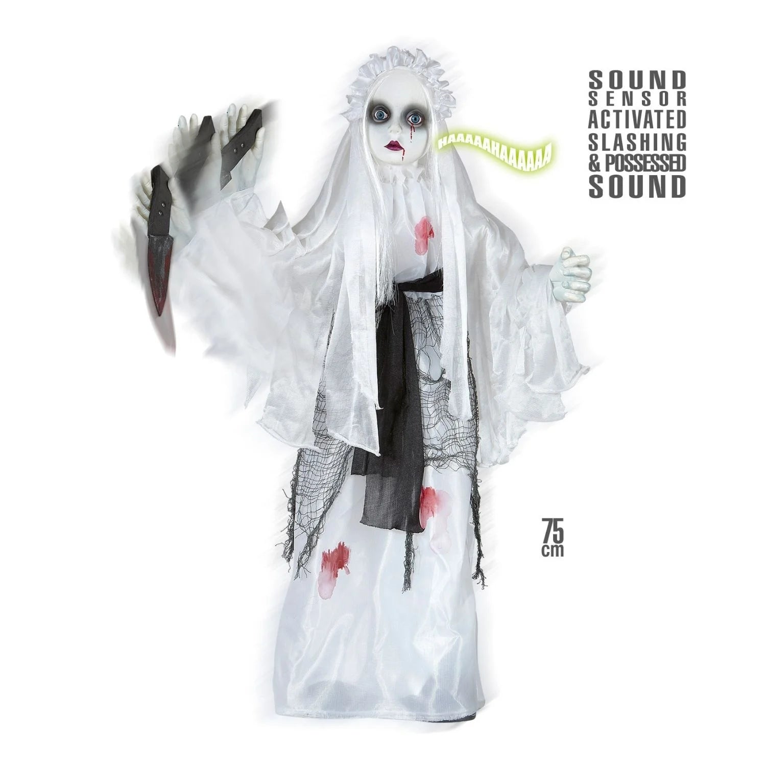 Muñeca esposa asesina animada con sonido y sensor accesorio terror para Halloween y decoración