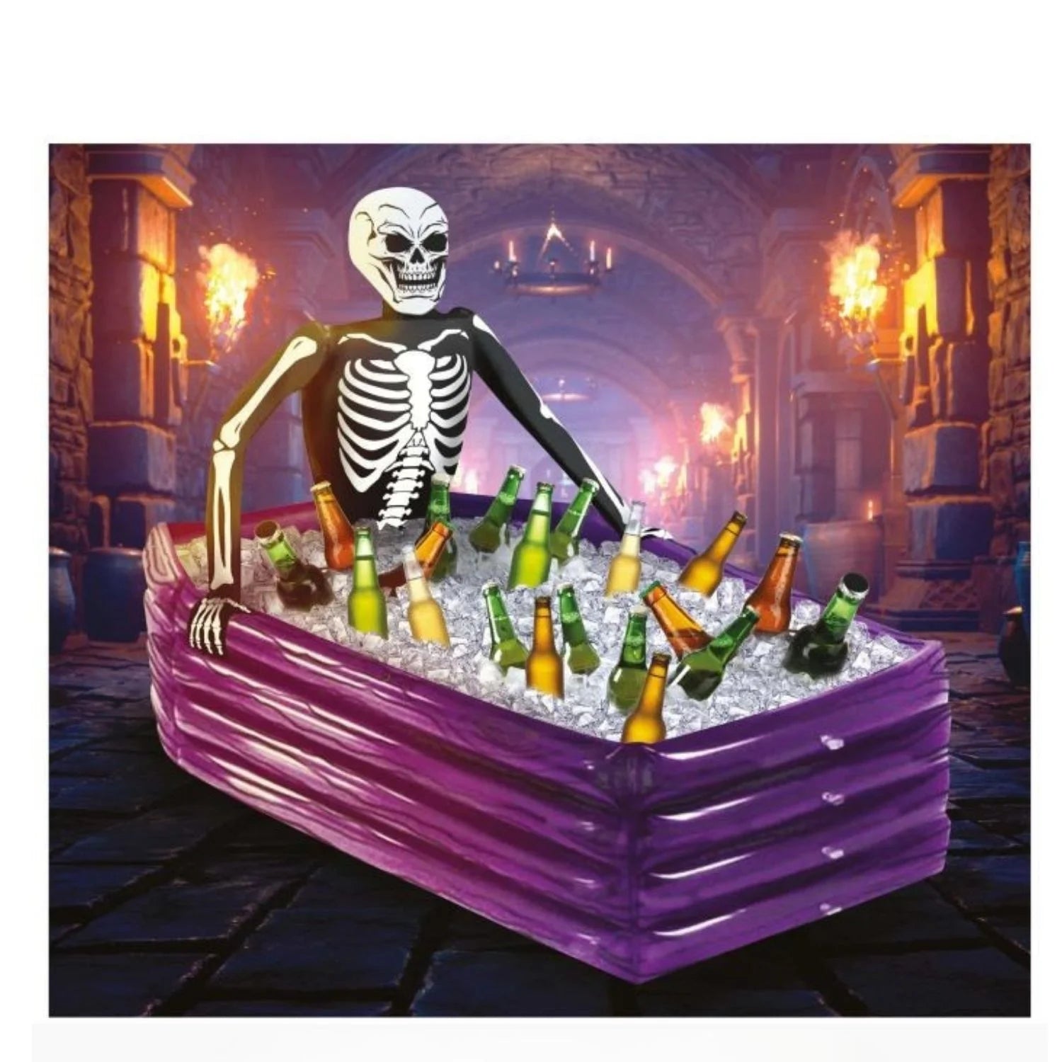 nevera hinchable con esqueleto en féretro para bebidas decoración Halloween