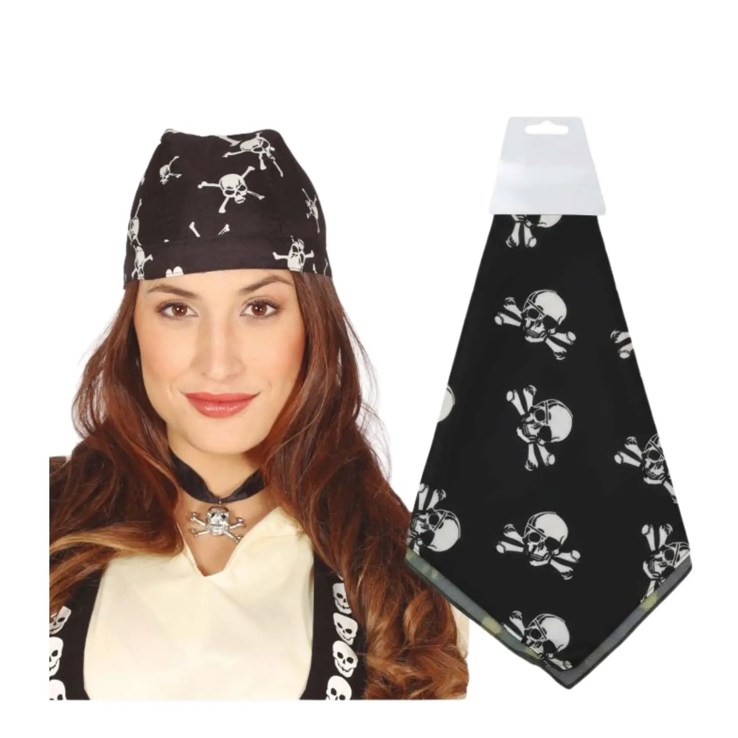 pañuelo pirata negro con calaveras complemento para look corsario o marinero en fiestas temáticas
