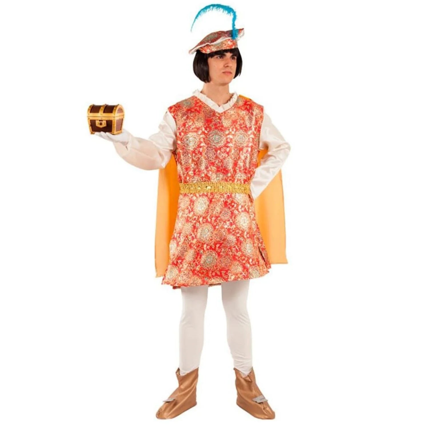 Disfraz Paje Real Melchor adulto con capa y casaca roja y dorada