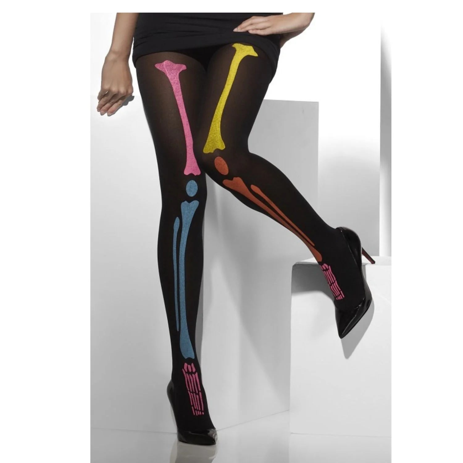 pantys esqueleto neón accesorio halloween con diseño de huesos coloridos