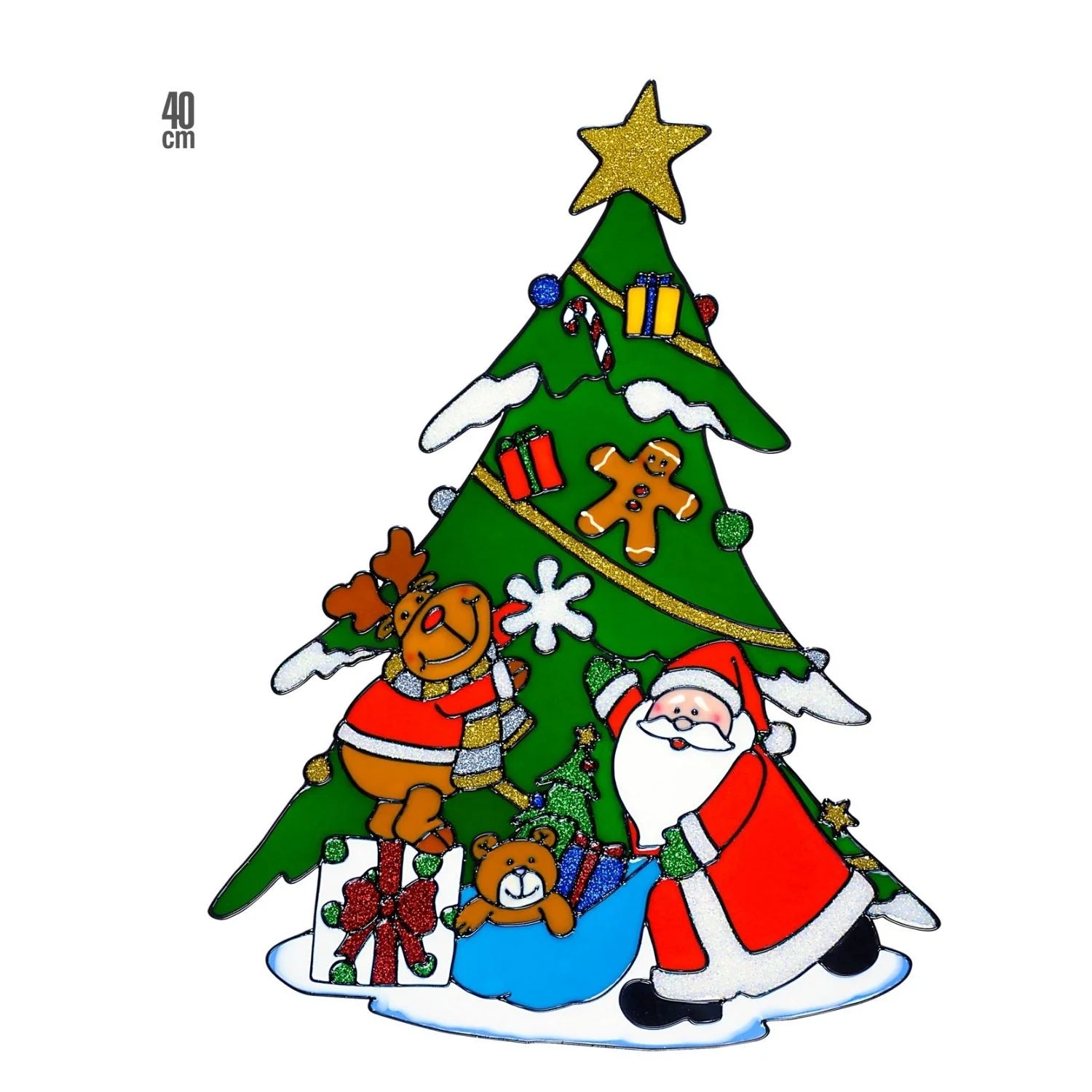 Pegatina ventana árbol Navidad 40 cm con Papá Noel y reno para decoración navideña en cristales
