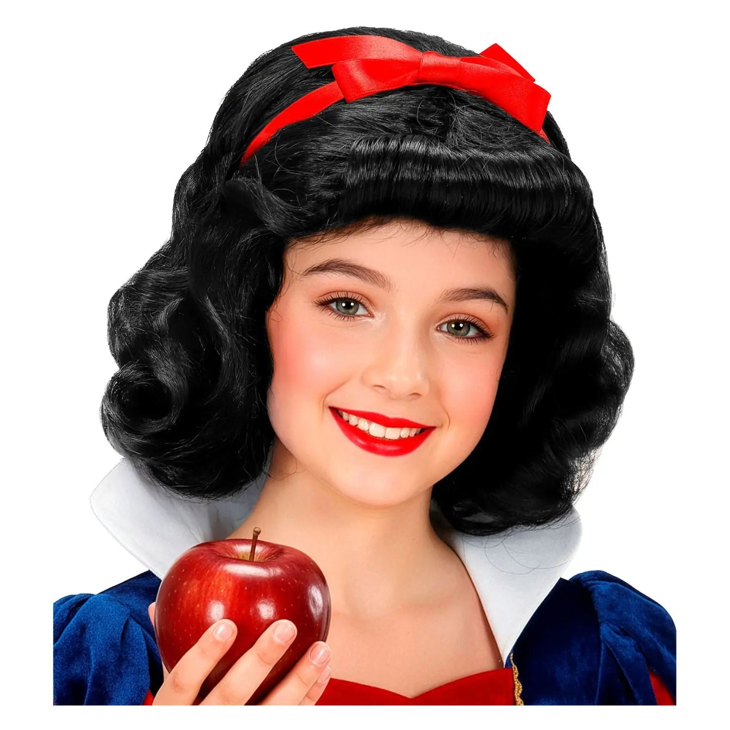 Peluca Blancanieves infantil con cabello negro y lazo rojo