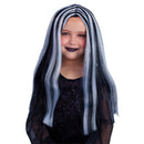 Peluca infantil negra con mechas blancas para disfraz bruja 