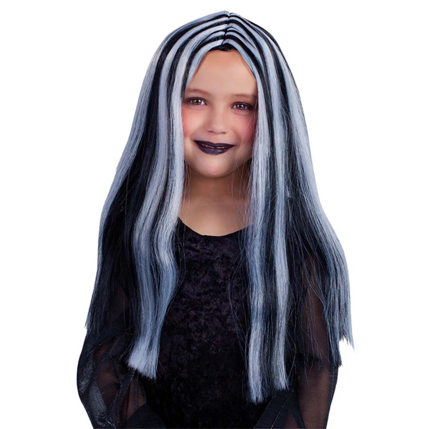 Peluca infantil negra con mechas blancas para disfraz bruja 