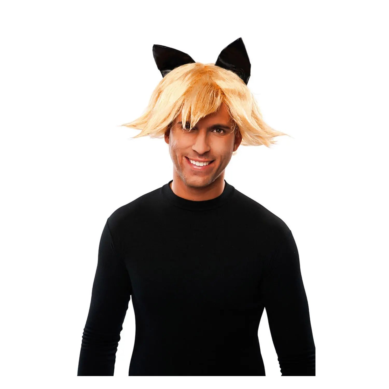 Peluca de gato rubia con orejas negras inspirada en Cat Noir para disfraces