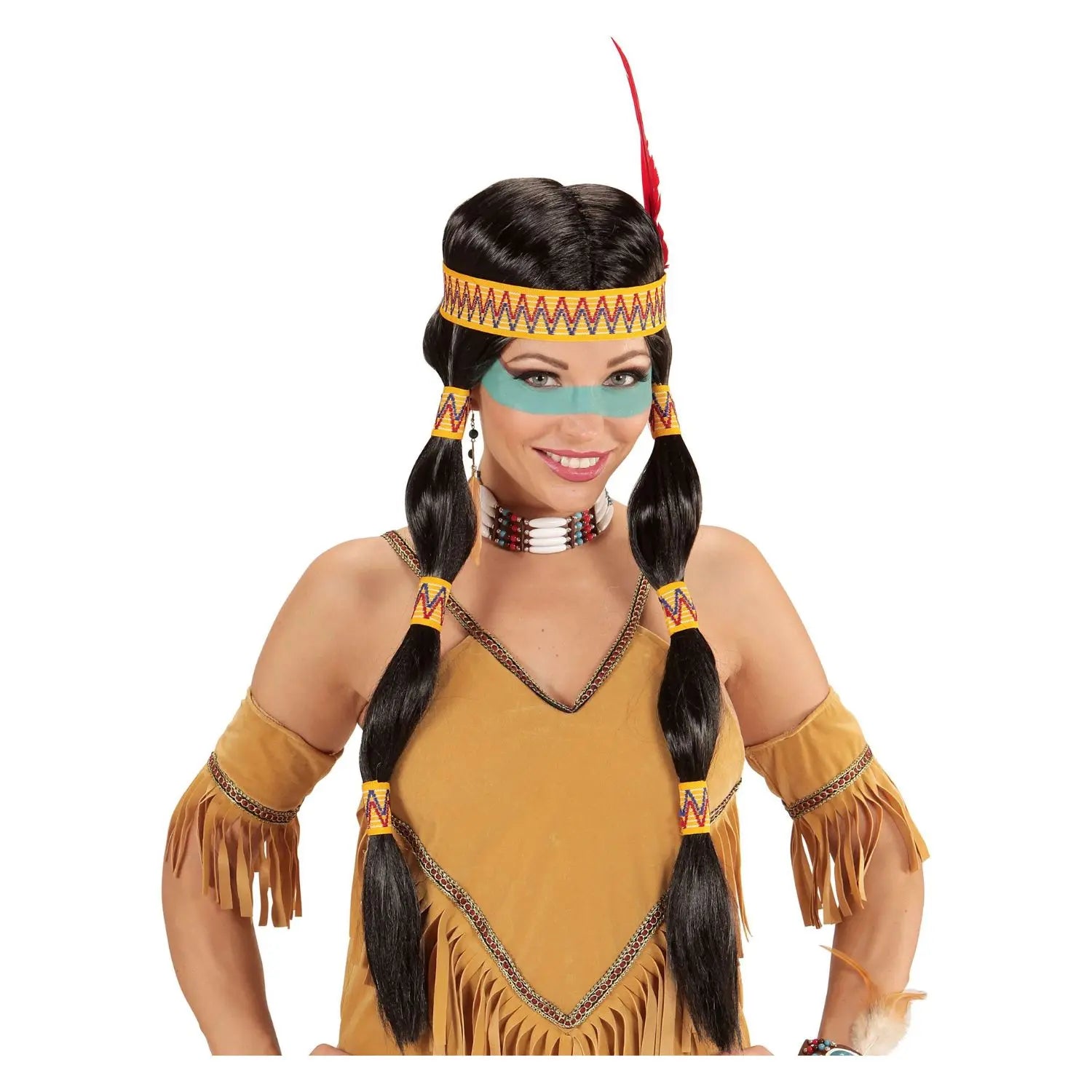Peluca india con largas trenzas negras, cinta decorativa étnica y pluma roja para disfraz de nativa americana