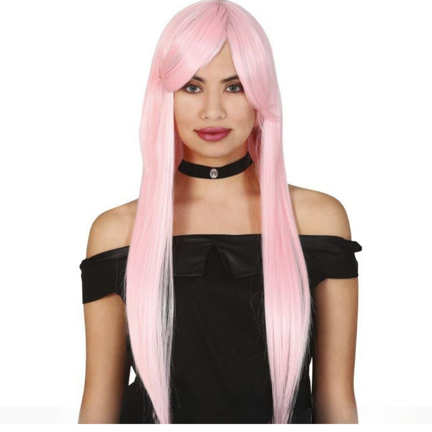 Peluca rosa lisa de melena larga para disfraz 