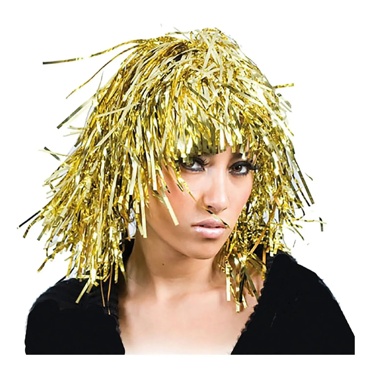 Peluca metalizada oro con tiras brillantes para Carnaval y fiestas disco