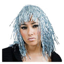 Peluca metalizada plata con tiras brillantes para Carnaval y fiestas disco