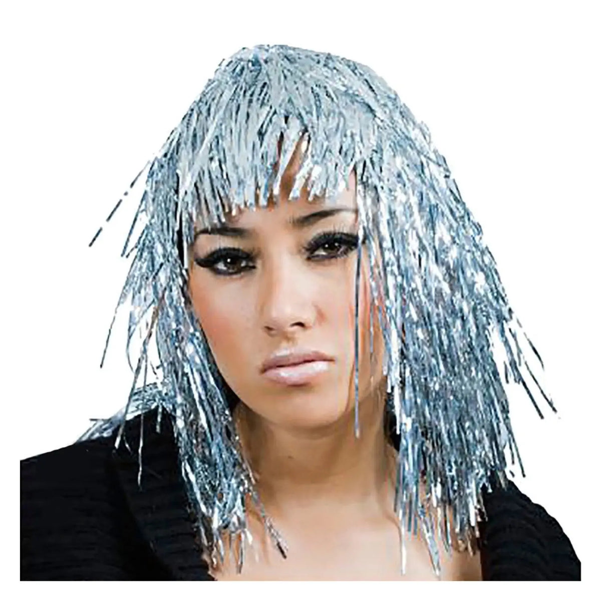 Peluca metalizada plata con tiras brillantes para Carnaval y fiestas disco