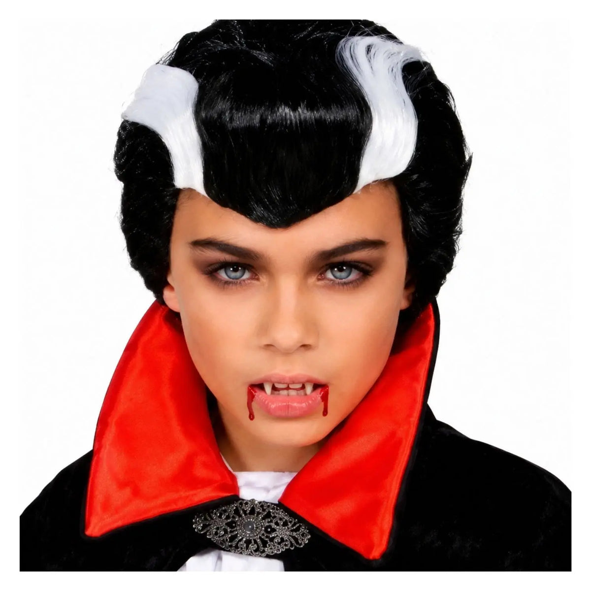 Peluca de vampiro infantil negra con mechones blancos para Halloween