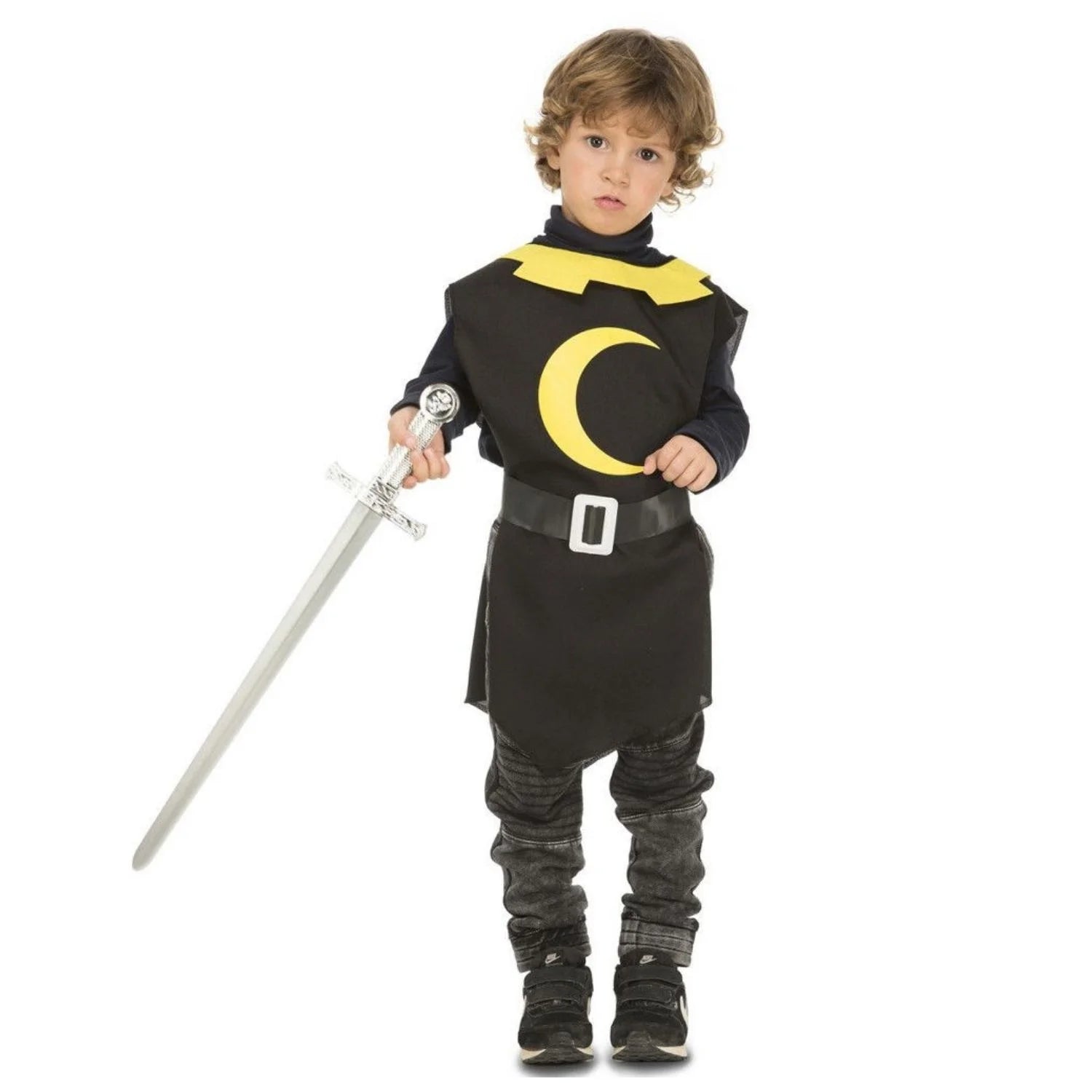 Peto medieval negro infantil con símbolo de luna y cinturón para disfraz de caballero