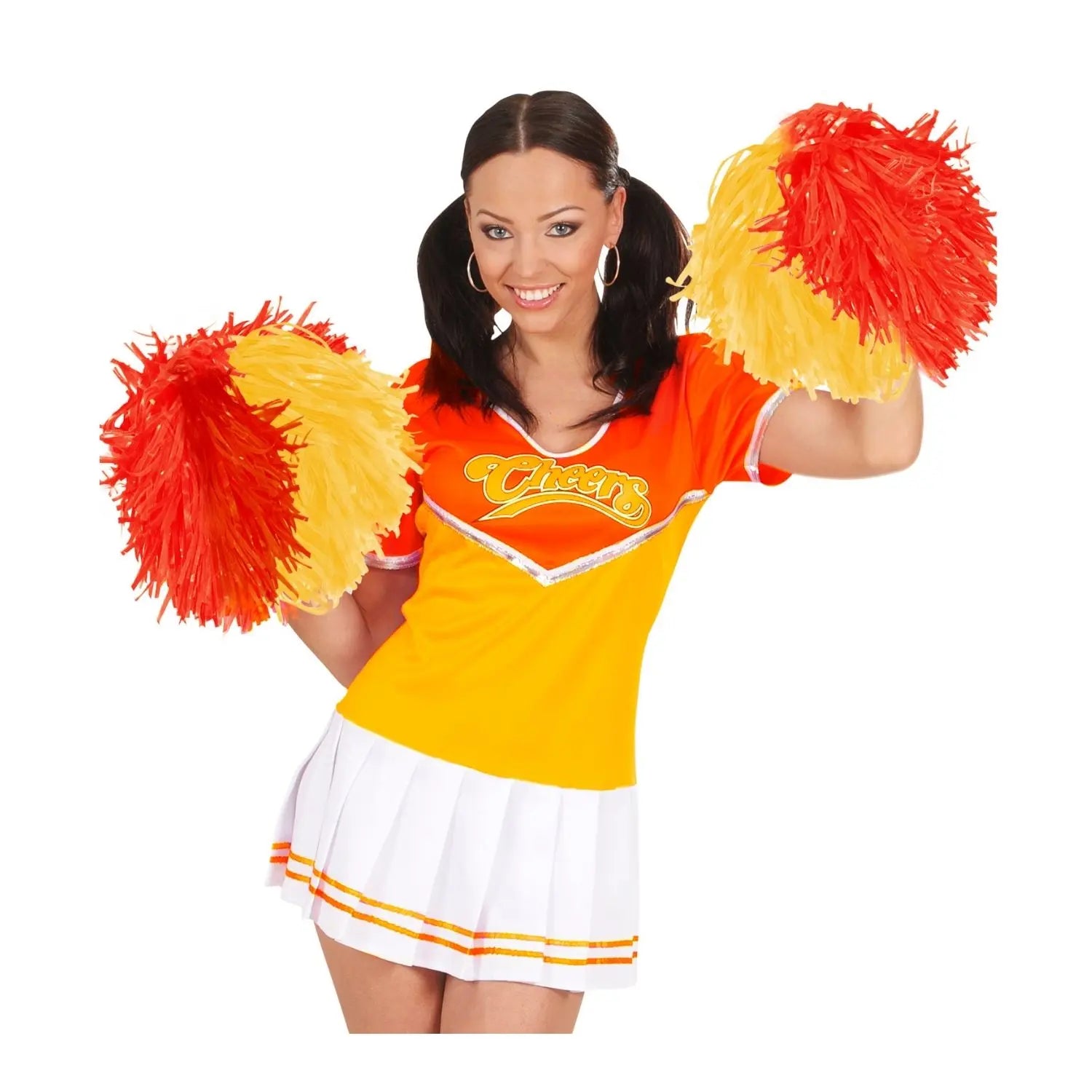 pom pom amarillo y rojo complemento para look de animadora o fiesta temática deportiva