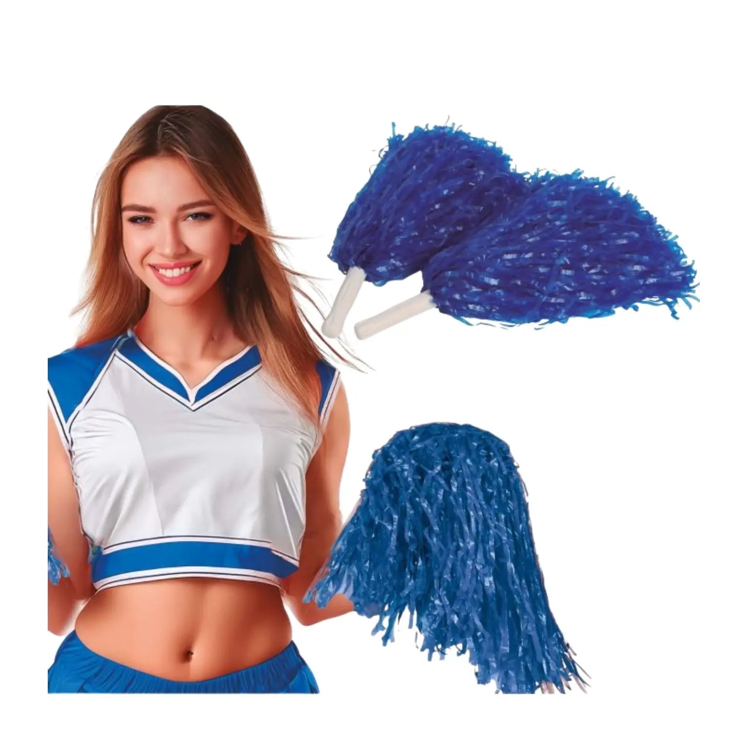 pom pom azul de animadora complemento para look cheerleader o animación deportiva en fiestas temáticas