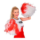 pom pom blanco y rojo complemento para look de animadora o fiesta temática deportiva