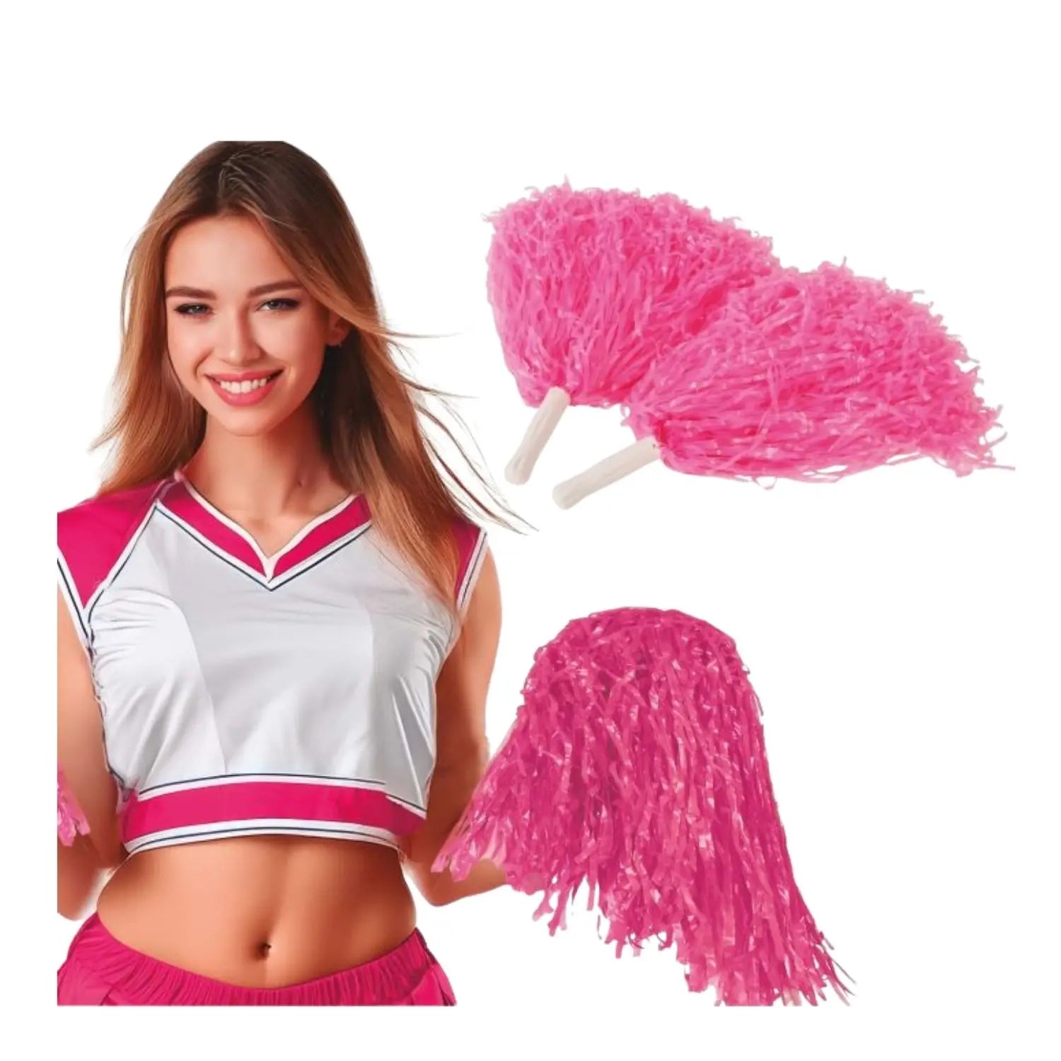 pom pom fucsia de animadora complemento para look cheerleader o animación deportiva en fiestas temáticas