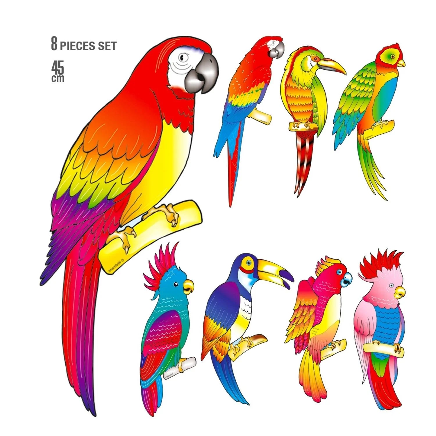 set 8 pajaros tropicales colores decoracion hawaiana fiesta