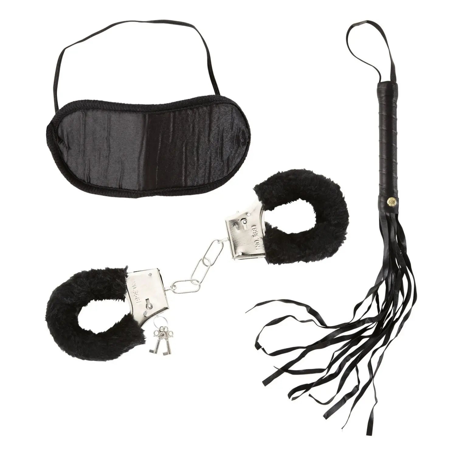 set dominatrix negro con esposas antifaz y látigo complemento para look atrevido o fiesta temática