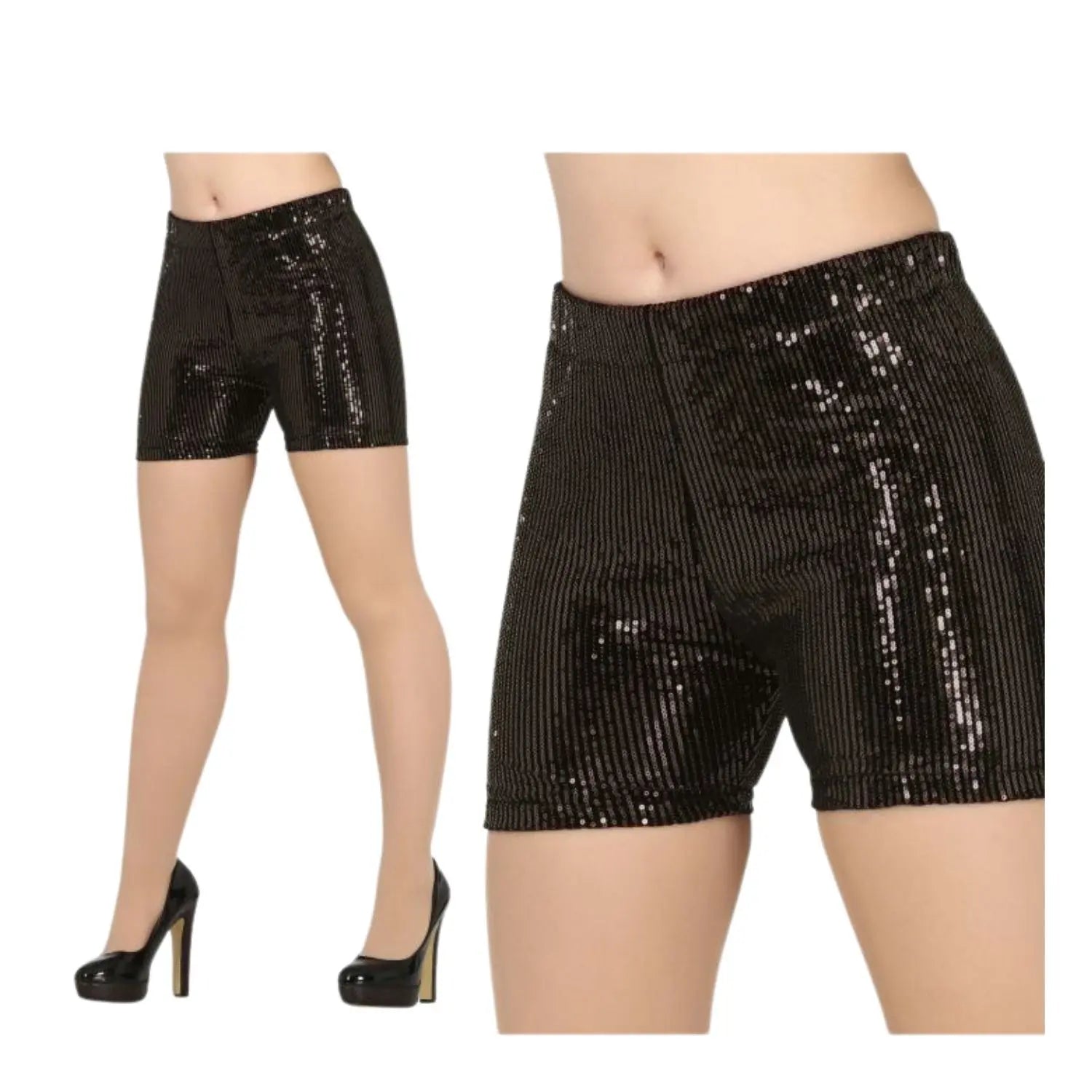 shorts de lentejuelas negro complemento para look disco o cabaret en fiestas temáticas