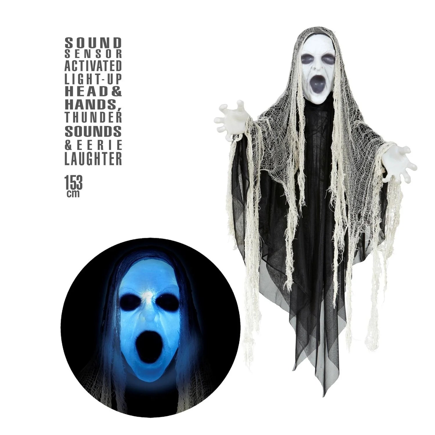 Sinister Reaper luminoso 153 cm con sonido accesorio terror para decoración de Halloween y ambiente oscuro