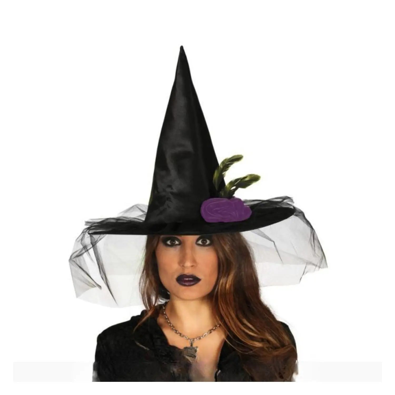 sombrero de bruja negro con velo complemento disfraz halloween
