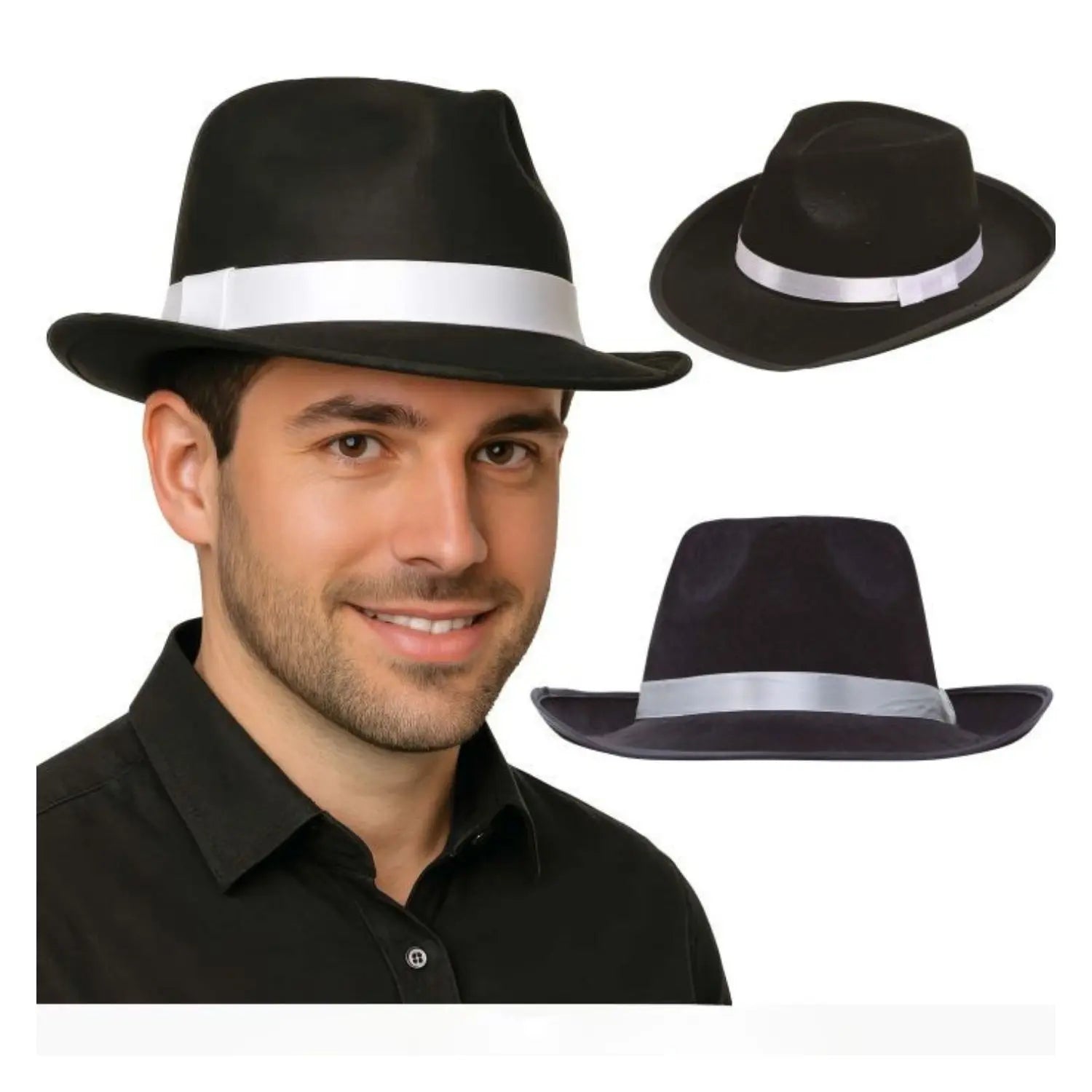 Sombrero gangster negro con cinta blanca para disfraz mafioso años 20