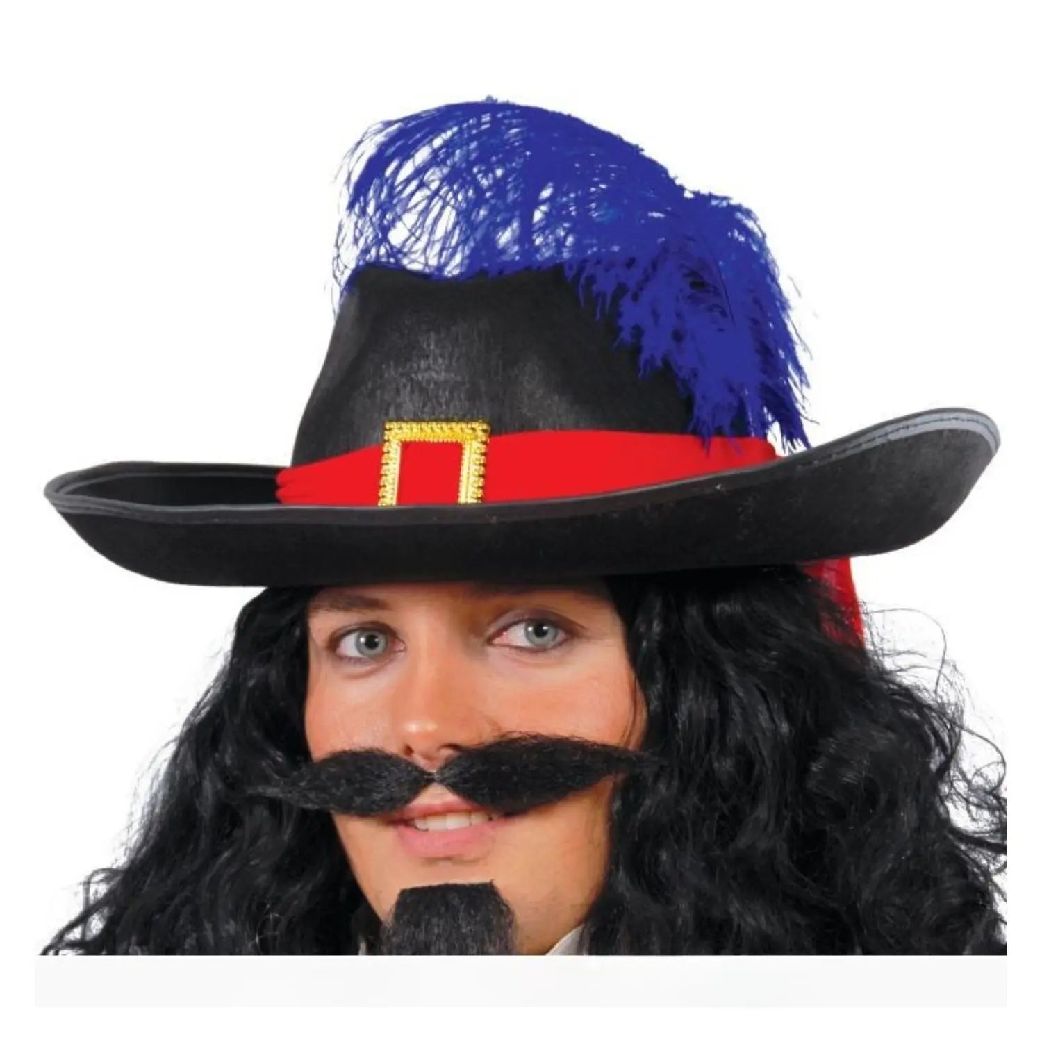 Sombrero de mosquetero negro con pluma azul adulto accesorio disfraz mosquetero