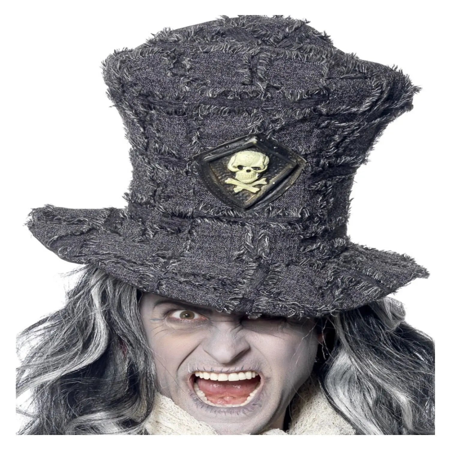 sombrero sepulturero envejecido con calavera complemento para look de terror en Halloween