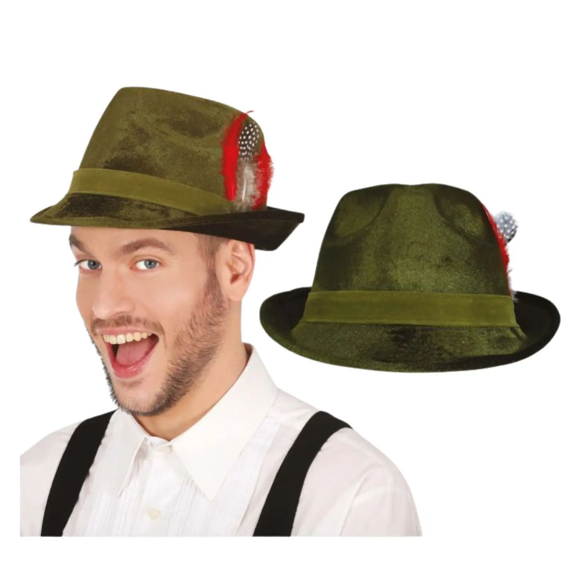 Sombrero tirolés de terciopelo verde con cinta y plumas para Oktoberfest