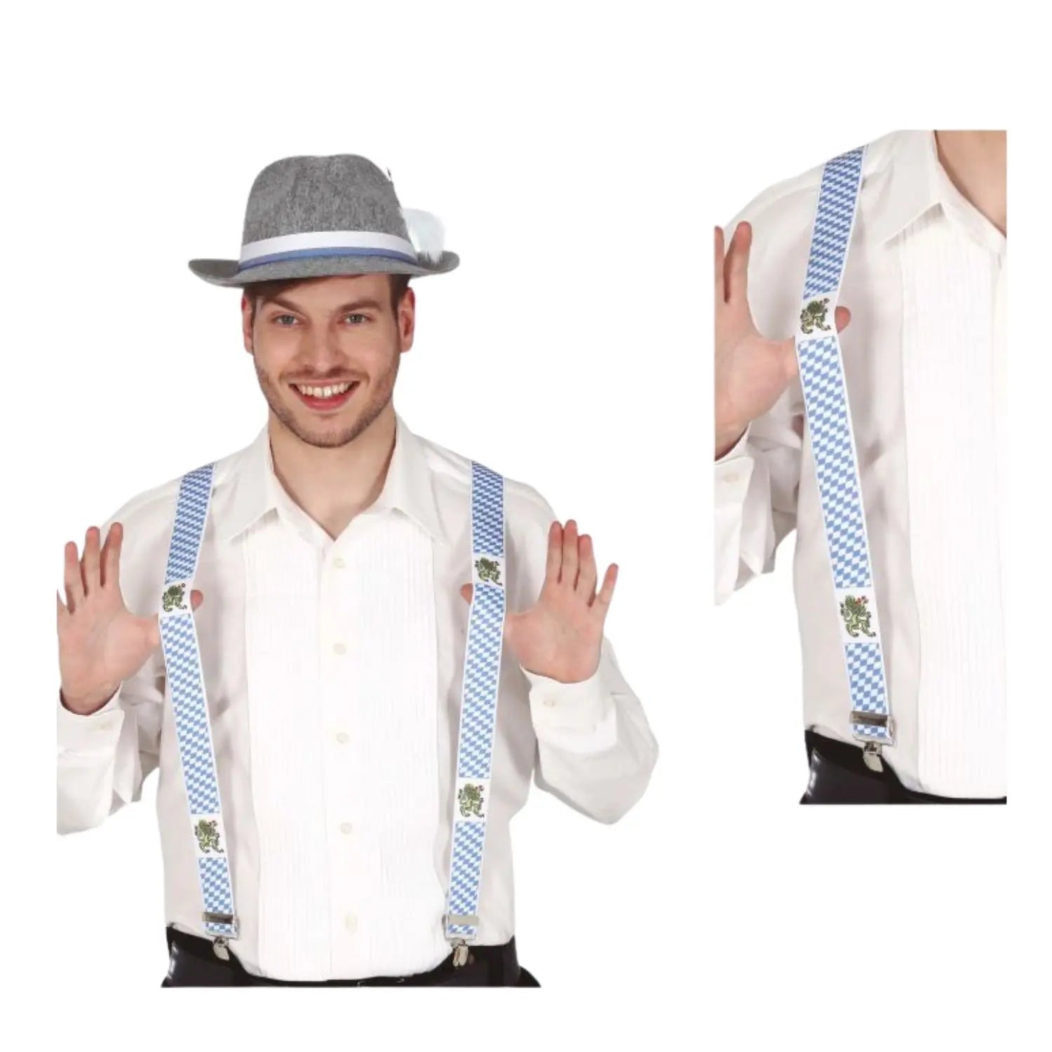 tirantes azul y blanco estilo Oktoberfest complemento para look bávaro o fiesta alemana