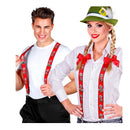 tirantes tiroleses rojos con estampado edelweiss complemento para look Oktoberfest o temática bávara