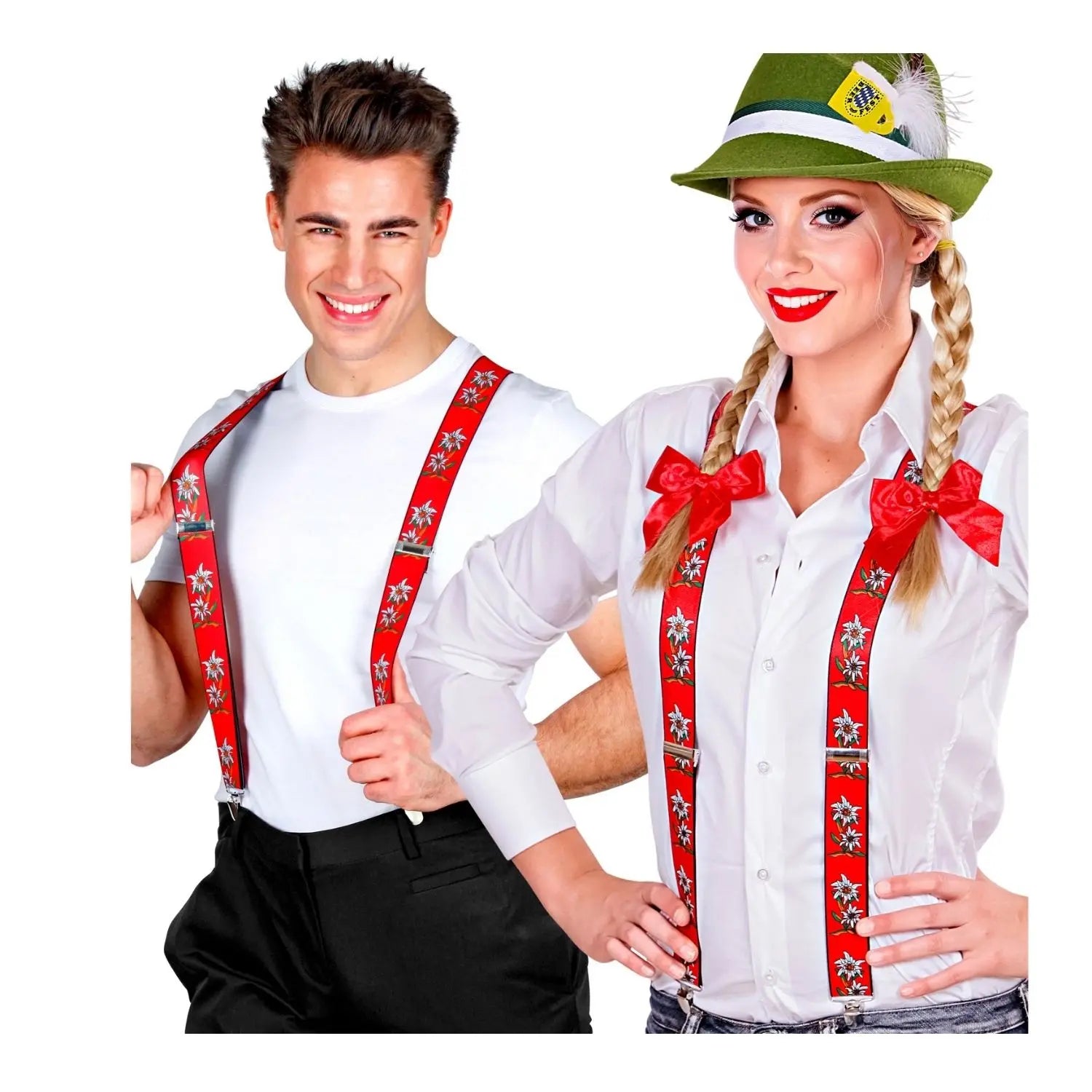 tirantes tiroleses rojos con estampado edelweiss complemento para look Oktoberfest o temática bávara