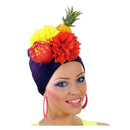 Turbante Miranda con flores y frutas de colores para Carnaval y fiestas tropicales