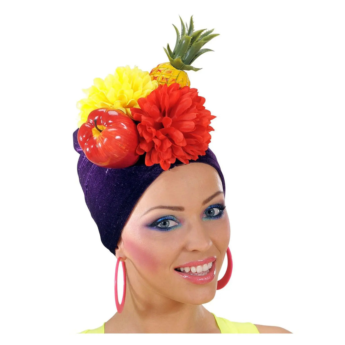 Turbante Miranda con flores y frutas de colores para Carnaval y fiestas tropicales