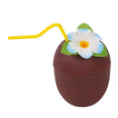 vaso coco con pajita y flor complemento para look hawaiano o temática tropical